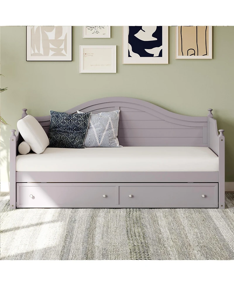 Streamdale Twin Size Wood Daybed with 2 Storage Drawers, Wooden Sofa Bed with Handrail for Living Room Bedroom, Light Grey