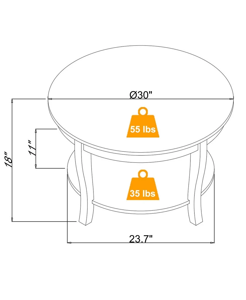 Classic Round Coffee Table with Open Shelf, 30"x30"x18", for Small Spaces