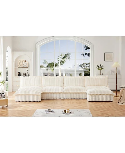 Slipcovered 4-Seater Sectional Sofa with Ottoman and Accent Pillows