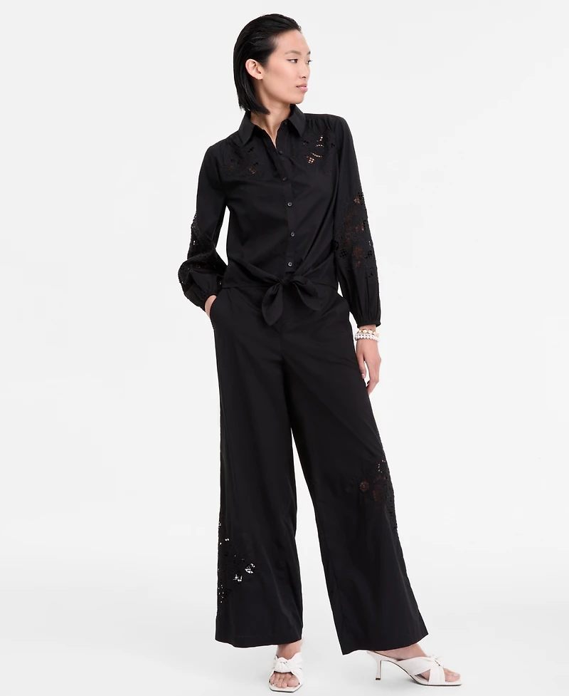 I.n.c. International Concepts Women's Eyelet Cotton Tie-Front Blouse, Exclusively at Macy's