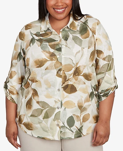Alfred Dunner Plus Size Copper Canyon Knit Leaf Button Front Top