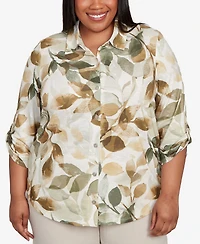 Alfred Dunner Plus Size Copper Canyon Knit Leaf Button Front Top