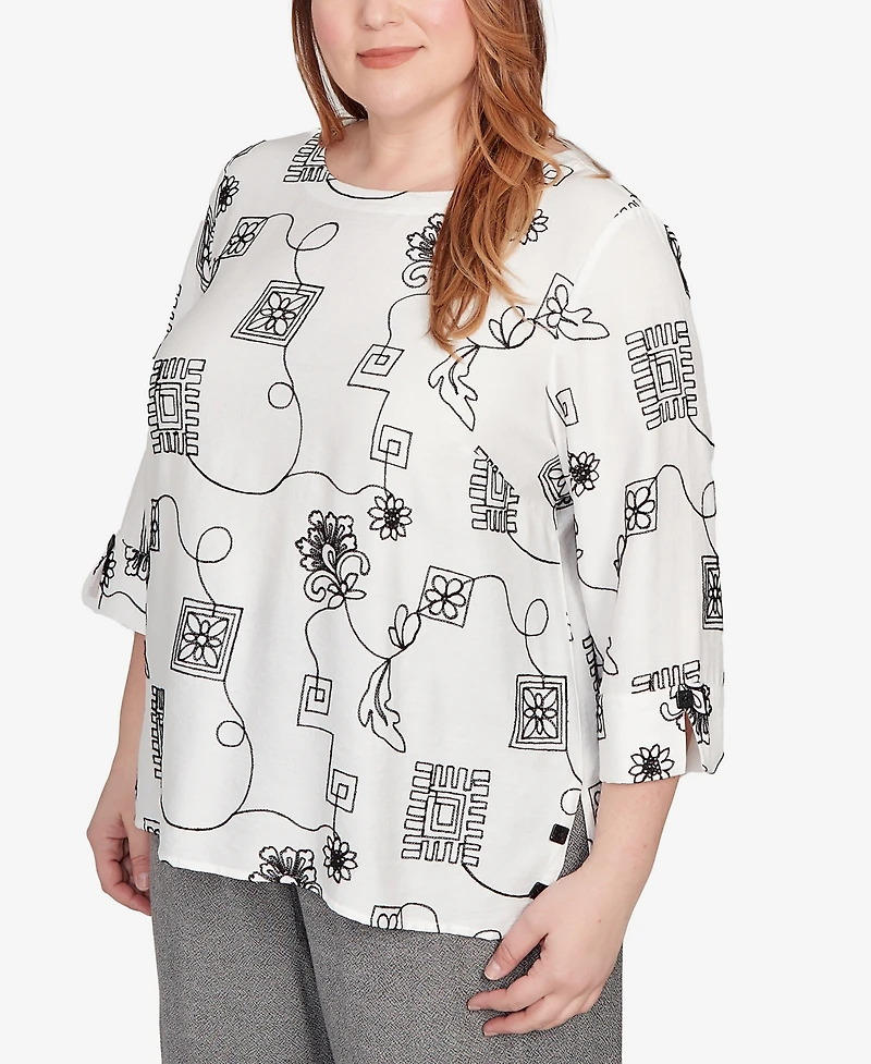 Alfred Dunner Plus Santa Barbara Geometric Floral Soutache Embroidered Top