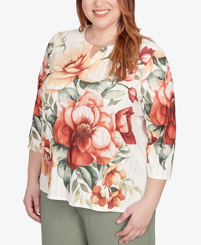Alfred Dunner Plus Copper Canyon Dramatic Floral Split Beaded Top