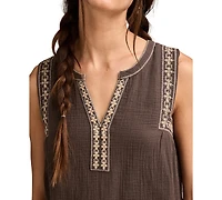 Lucky Brand Women's Cotton Embroidered-Trim Shift Mini Dress