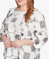 Alfred Dunner Plus Santa Barbara Geometric Floral Soutache Embroidered Top