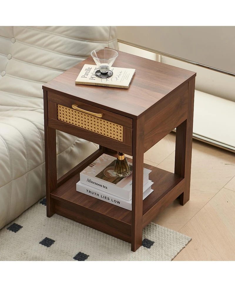 Streamdale Pe Rattan End Table with Drawer, Modern Nightstand, Side Table for Living Room, Bedroom, Walnut Color