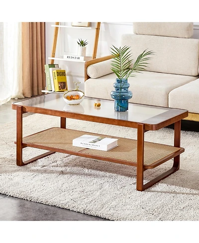 Streamdale Walnut Wood & Glass Tea Table with Rattan Detail, Perfect for Home Decor