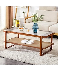 Streamdale Walnut Wood & Glass Tea Table with Rattan Detail, Perfect for Home Decor