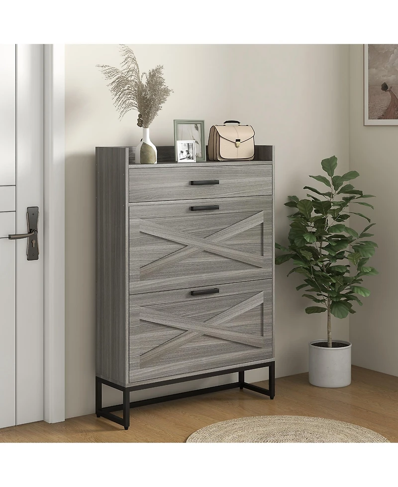 Narrow Shoe Cabinet, Industrial Shoe Storage Cabinet with 2 Flip Drawers, Adjustable Shelves, and Top Drawer, Entryway Hidden Shoe Storage for 12 Pair