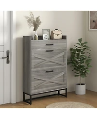 Narrow Shoe Cabinet, Industrial Shoe Storage Cabinet with 2 Flip Drawers, Adjustable Shelves, and Top Drawer, Entryway Hidden Shoe Storage for 12 Pair