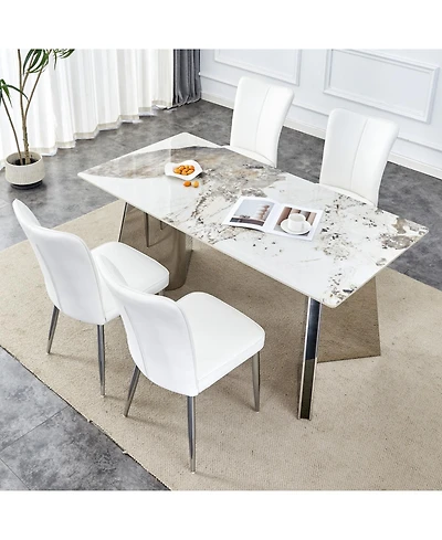 Pandora Patterned Sintered Stone Table with Stainless Steel Legs and 4 Pu Chairs