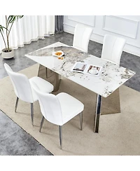Pandora Patterned Sintered Stone Table with Stainless Steel Legs and 4 Pu Chairs