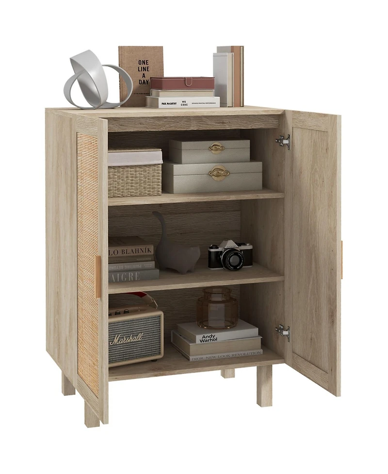 Sideboard Buffet Cabinet, Kitchen Cabinet, Coffee Bar Cabinet with 2 Rattan Doors and Adjustable Shelves, Natural