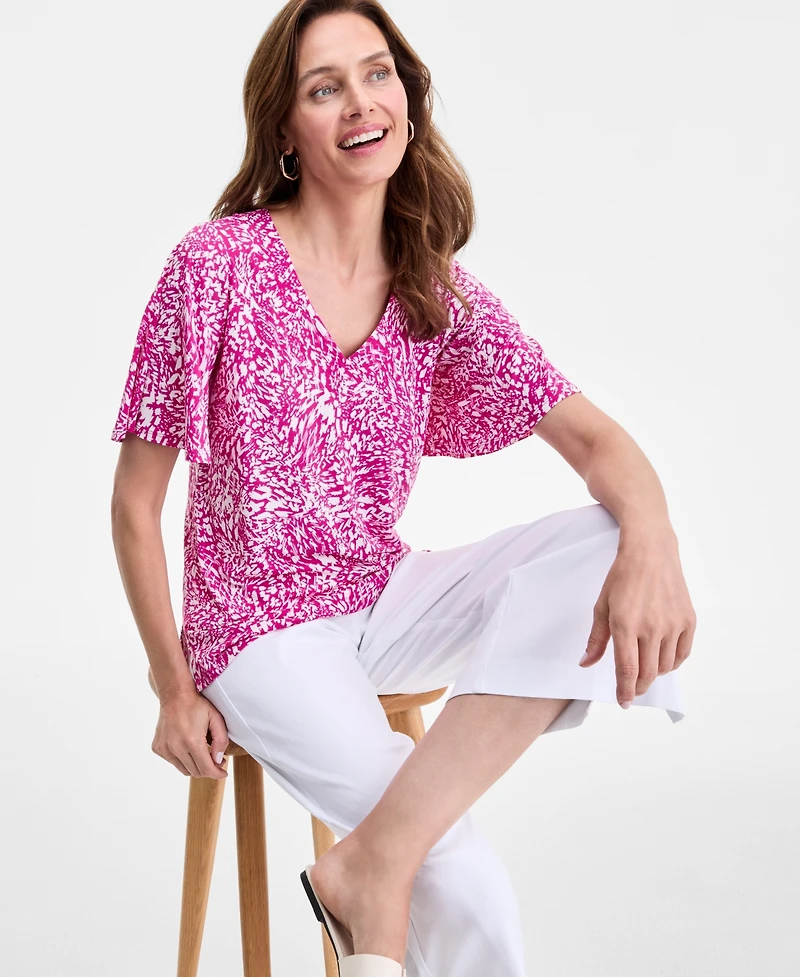 Jm Collection Women's Printed V-Neck Short Sleeve Knit Top, Exclusively at Macy's
