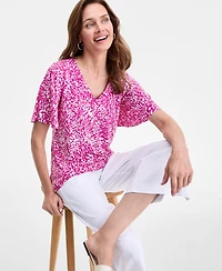 Jm Collection Women's Printed V-Neck Short Sleeve Knit Top, Exclusively at Macy's