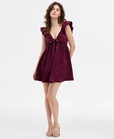 Row A Juniors' Jacquard Ruffled Babydoll Mini Dress