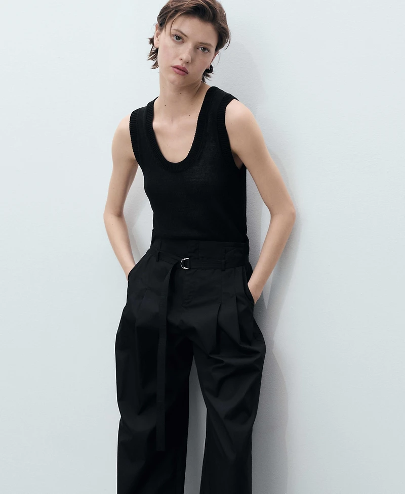 Mango Women's Belted Wide Leg Cotton Pants