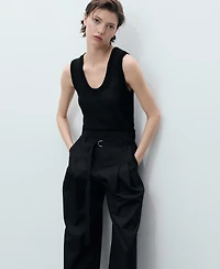 Mango Women's Belted Wide Leg Cotton Pants