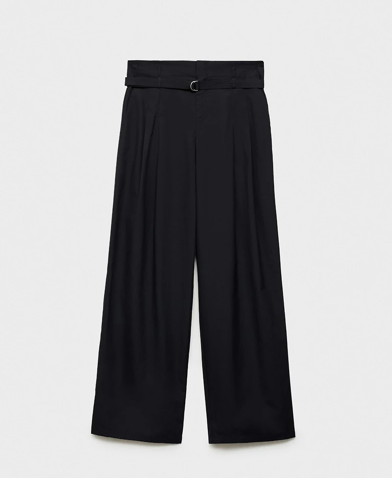 Mango Women's Belted Wide Leg Cotton Pants