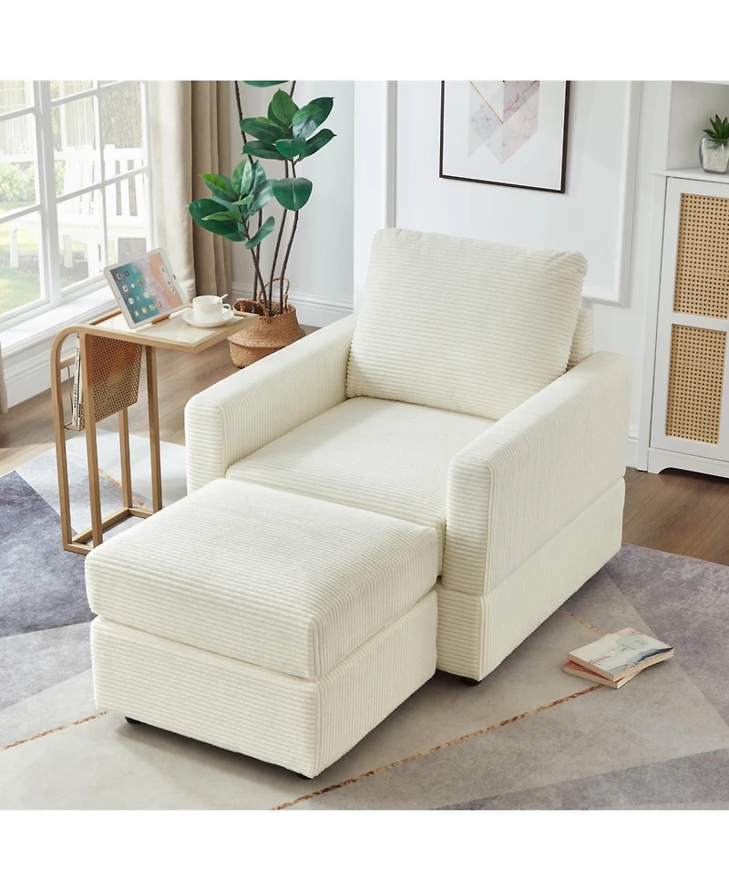 Streamdale Corduroy Chaise Lounge with Ottoman for Living Room - Beige