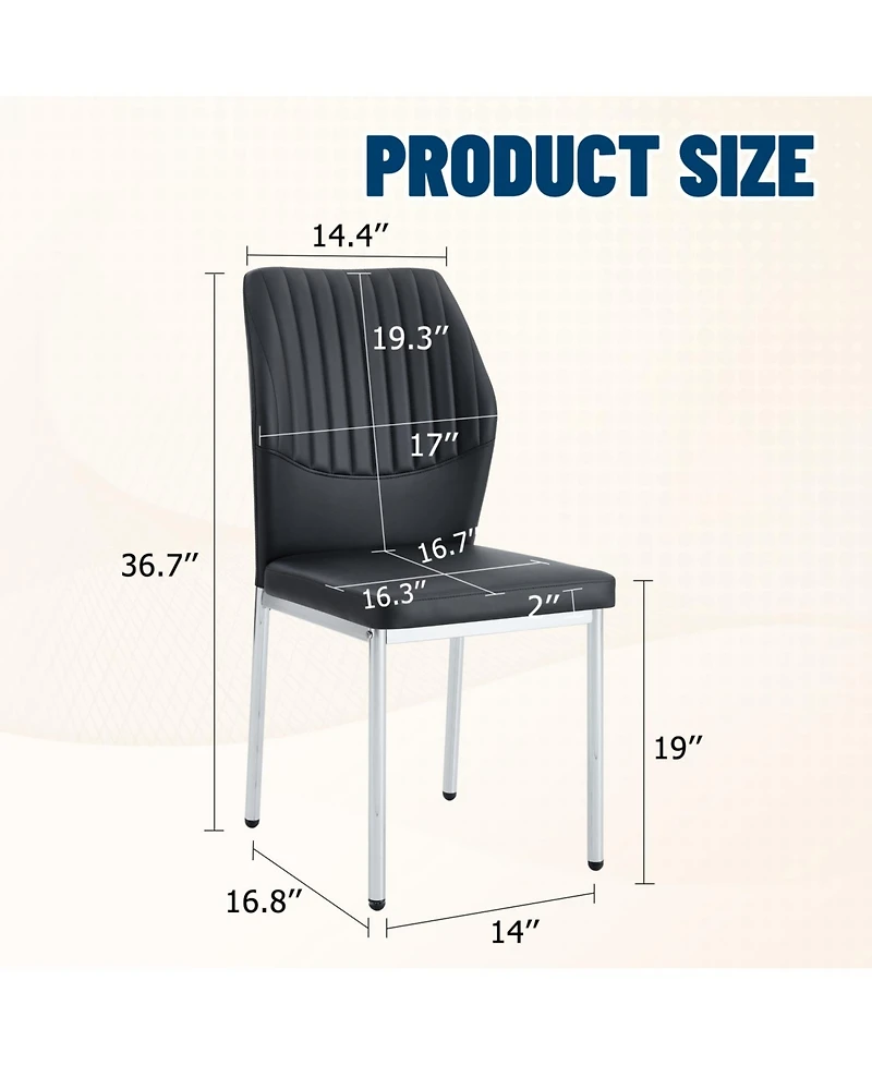 Streamdale Black Pu Dining Chairs - Set of 6, Silver Legs, Stripe Back
