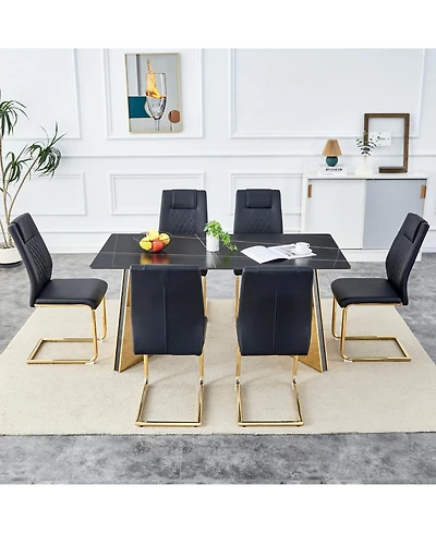 Streamdale Black Sintered Stone Table & 6 Pu Chairs - Golden Accents