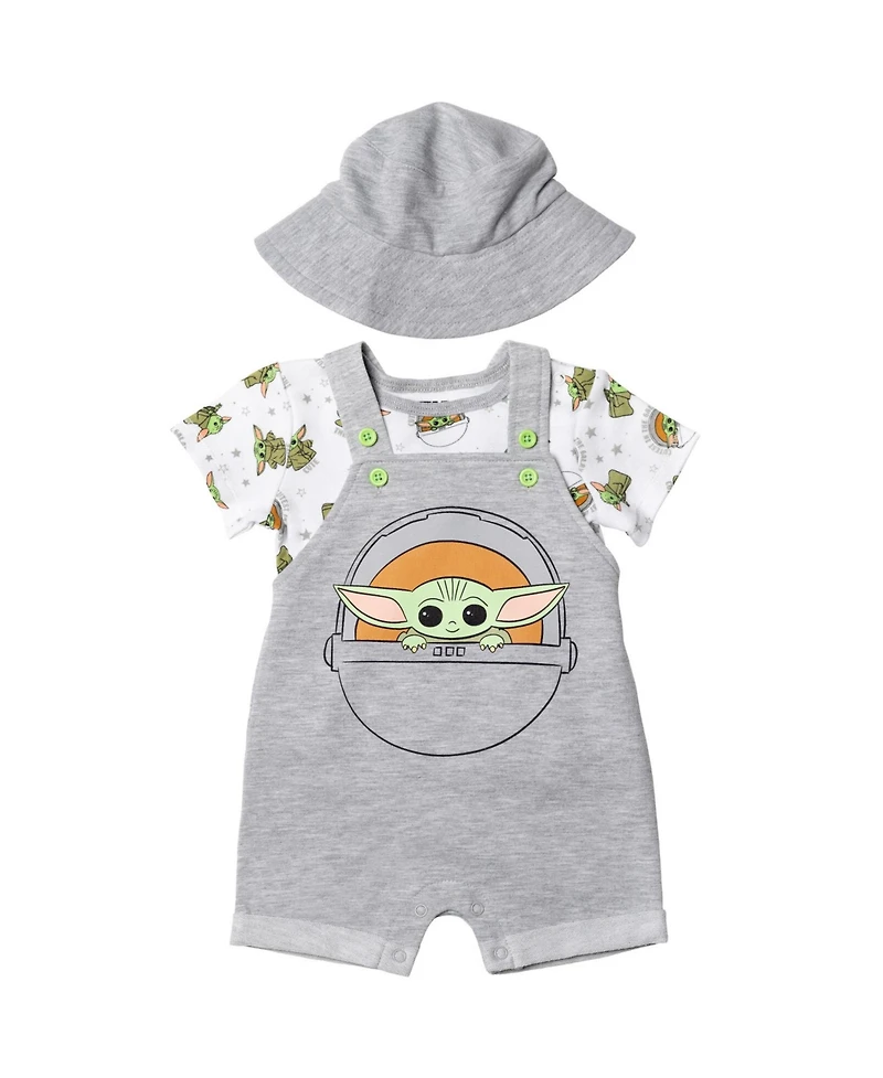 The Mandalorian Baby Boys Yoda Short Overalls, French Terry T-Shirt and Bucket Sun Hat 3 Piece Outfit Set