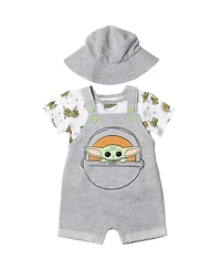 The Mandalorian Baby Boys Yoda Short Overalls, French Terry T-Shirt and Bucket Sun Hat 3 Piece Outfit Set