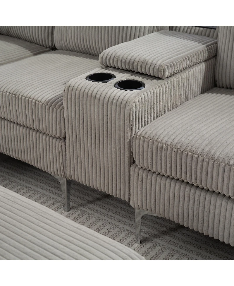 Corduroy Convertible Sectional Sofa with Ottoman, Gray