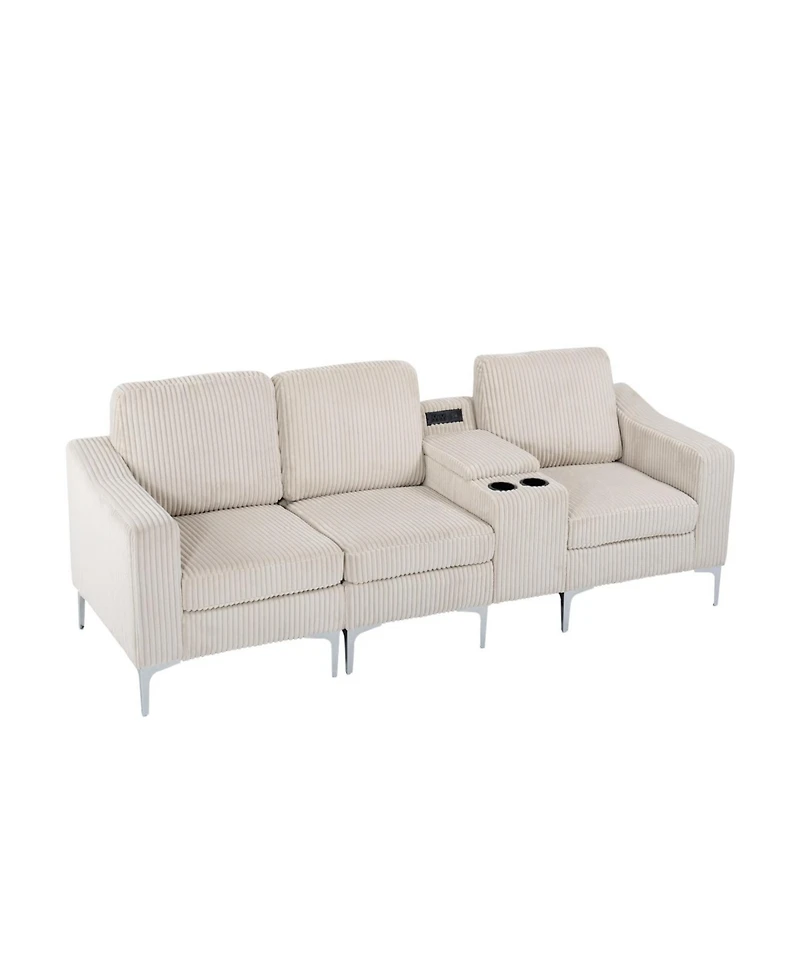 Convertible Sectional Corduroy Sofa with Cupholders, Usb,Three-seater,Beige