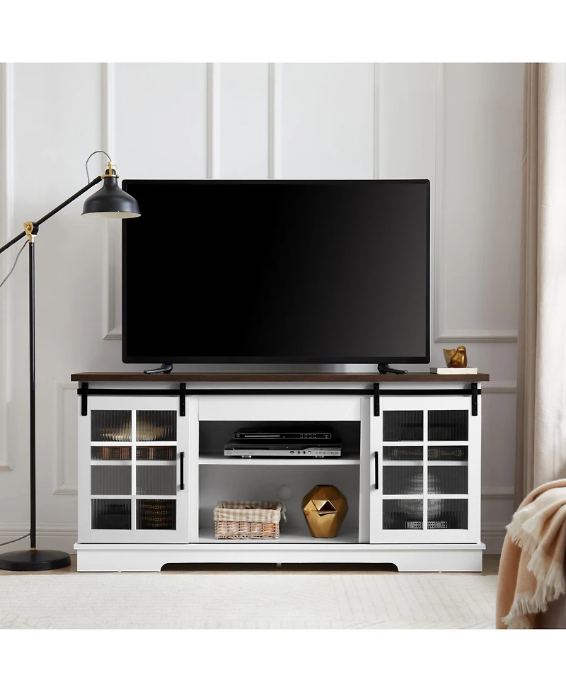 Streamdale Furniture Sliding Door Tv Cabinet with Glass Doors and Adjustable Shelves, 59"W x 15.9"D x 27.8"H
