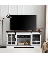 Streamdale Furniture Sliding Door Tv Cabinet with Glass Doors and Adjustable Shelves, 59"W x 15.9"D x 27.8"H
