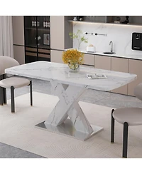 Modern Square Dining Table, Stretchable, with Printed White Marble Table Top+Mdf X-Shape Table Leg with Metal Base