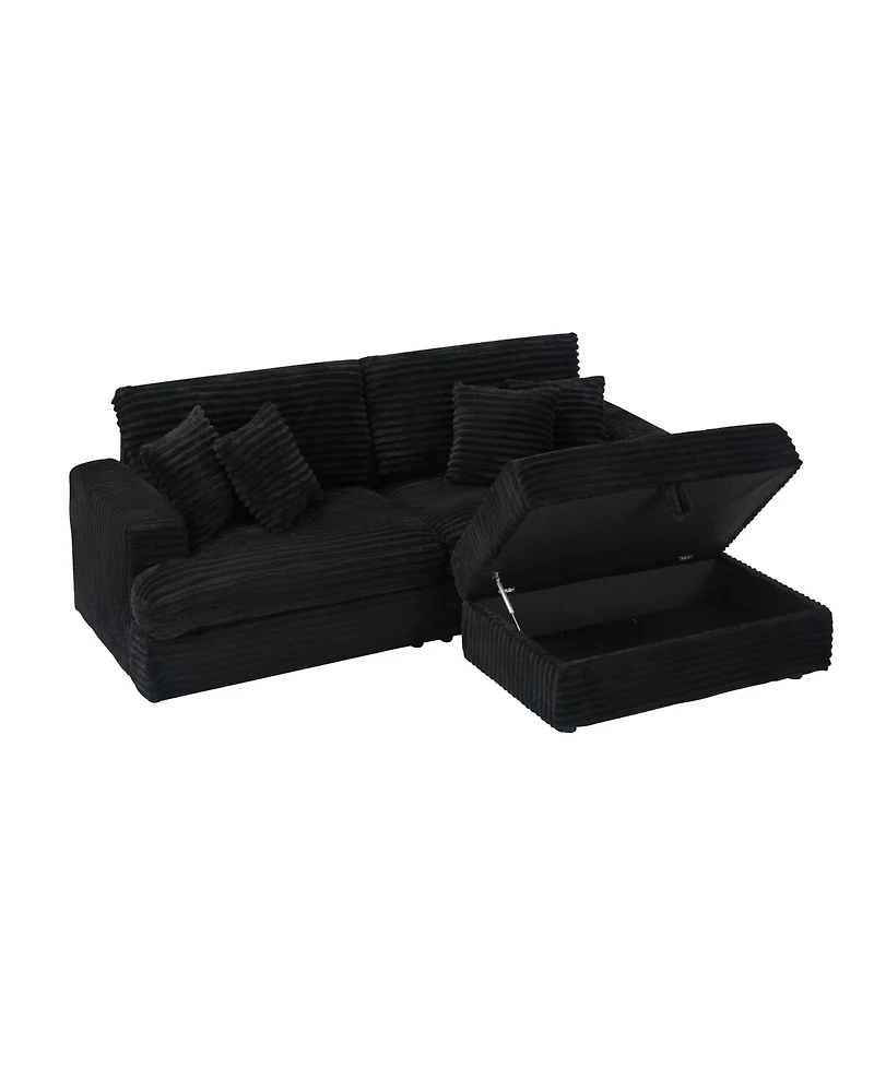 Streamdale 82 inches black corduroy sofa, storage feet +4 throw pillows, create a living room, office fashion new darling!