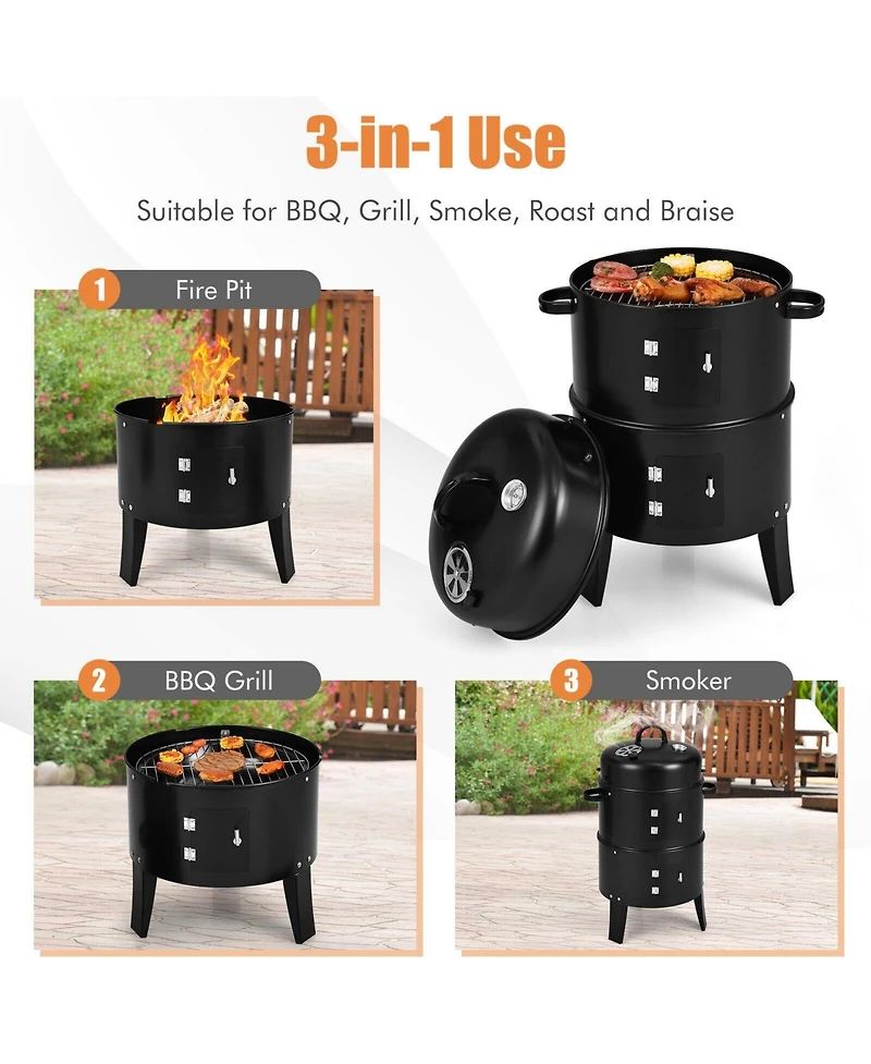 3-in-1 Charcoal Bbq Grill Cambo with Built-in Thermometer
