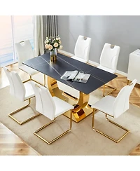 Streamdale 63" Sintered Stone Dining Set Black Table, 6 White/Gold Chairs