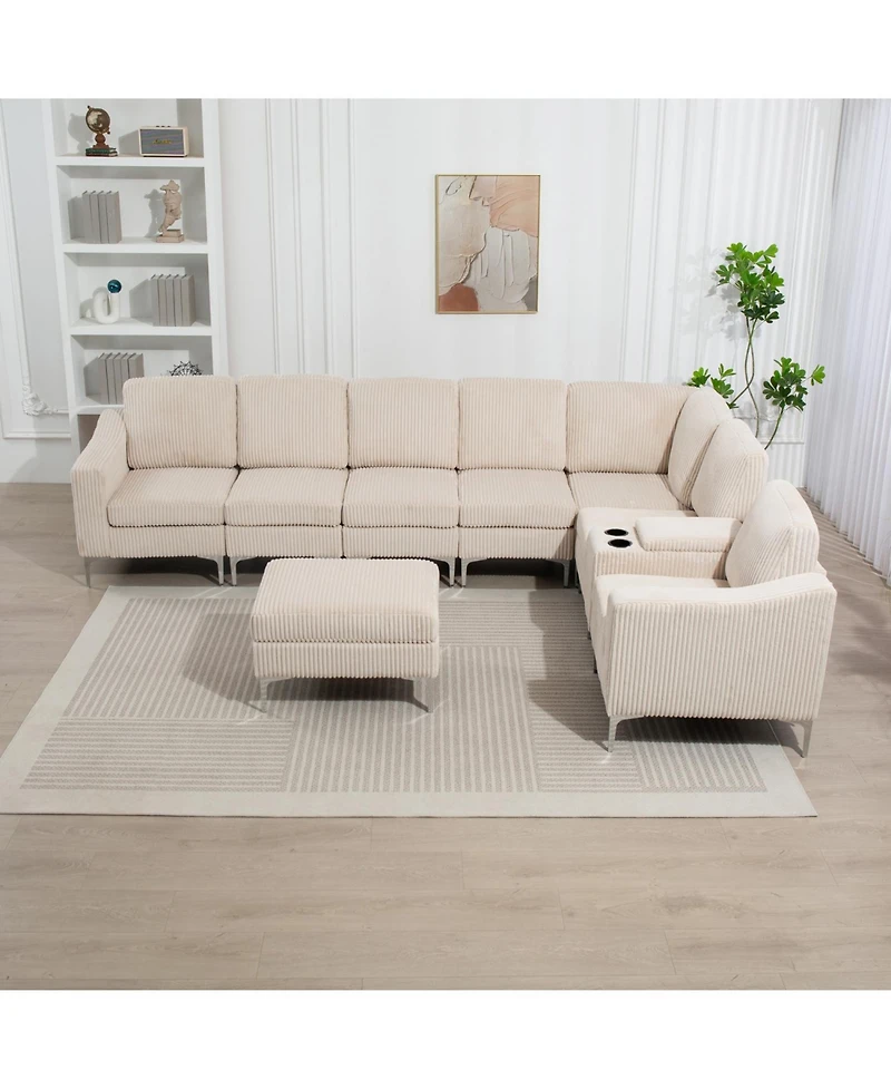 Beige Corduroy Convertible Sectional Sofa with Ottoman, Usb