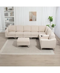 Beige Corduroy Convertible Sectional Sofa with Ottoman, Usb