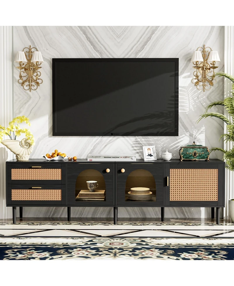 Streamdale Rattan Tv Stand with 3 Cabinets & Led Light