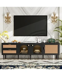 Streamdale Rattan Tv Stand with 3 Cabinets & Led Light
