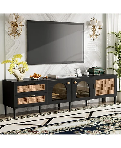 Streamdale Rattan Tv Stand with 3 Cabinets & Led Light