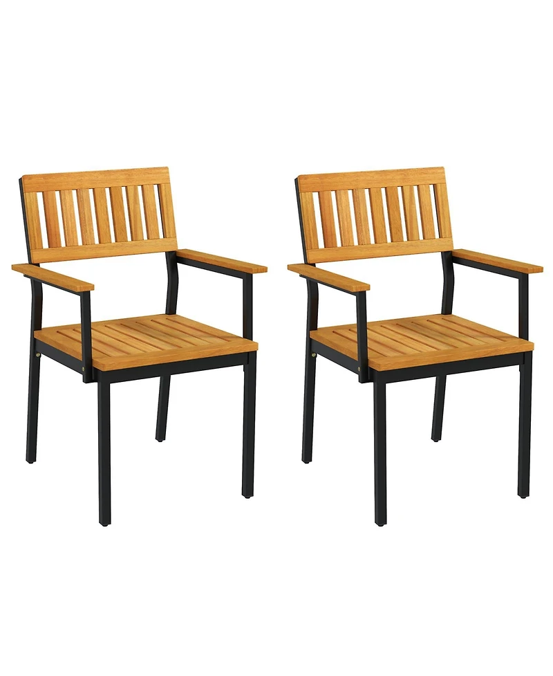 Patio Outdoor Dining Chair Set of 2 with Metal and Acacia Wood Frame