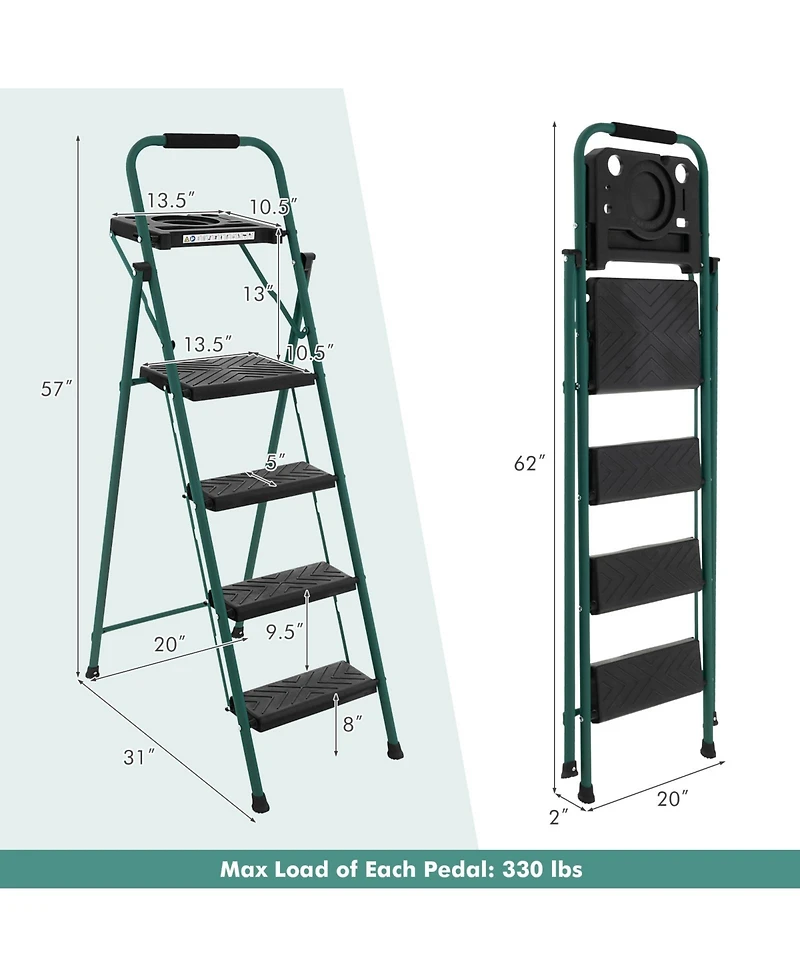 Folding 4-Step Ladder with Tool Tray Non-Slip Footpads and Pedals
