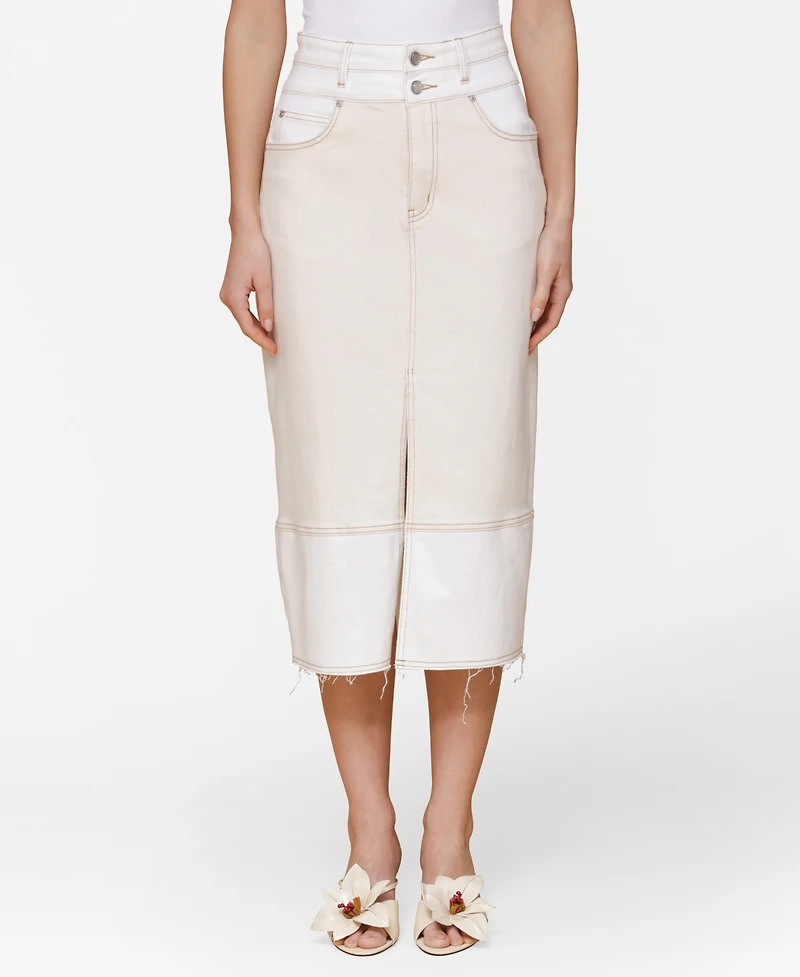 Avec Les Filles Women's Raw Hem Denim Midi Skirt