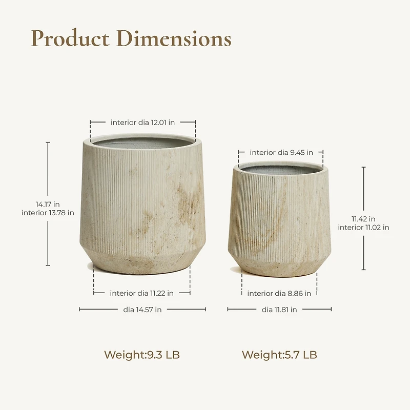 LuxenHome 2-Piece Marble Off-White Ribbed Texture MgO Planter Set, Indoor and Outdoor