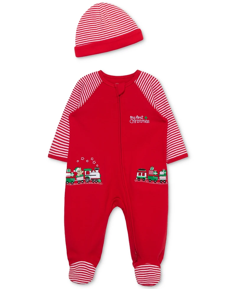 Little Me Baby Cotton Train Gift Footed Coverall & Hat, 2 Piece Set