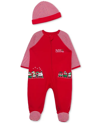 Little Me Baby Cotton Train Gift Footed Coverall & Hat, 2 Piece Set