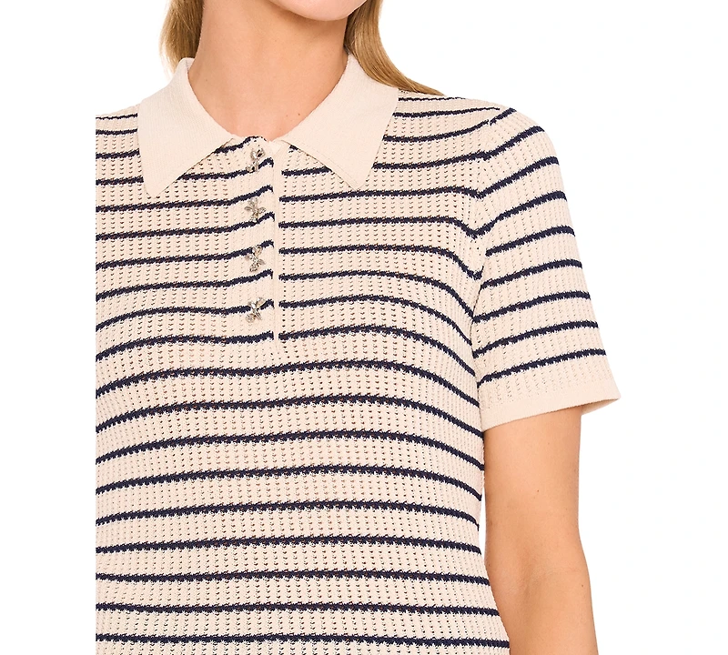 CeCe Women's Striped Short-Sleeve Polo Sweater