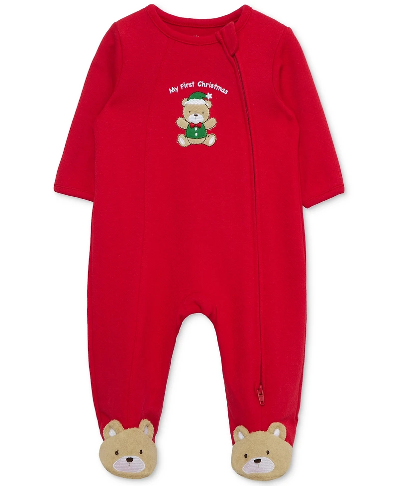 Little Me Baby Holiday Bear Cotton Footed Coverall